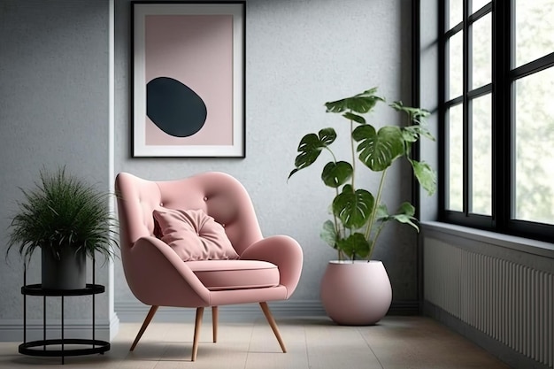 Foto una poltrona rosa in una stanza minimalista con arredi semplici e moderni realizzati con intelligenza artificiale generativa