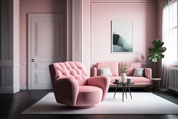 Розовое кресло в современной минималистской гостиной, созданное с помощью генеративного искусственного интеллекта.