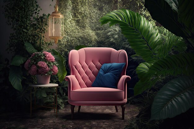 A pink armchair surrounded by greenery in a serene garden setting created with generative ai