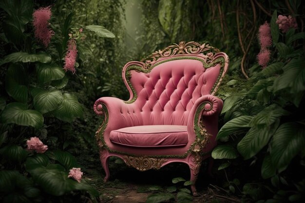 A pink armchair surrounded by a lush green garden created with generative ai