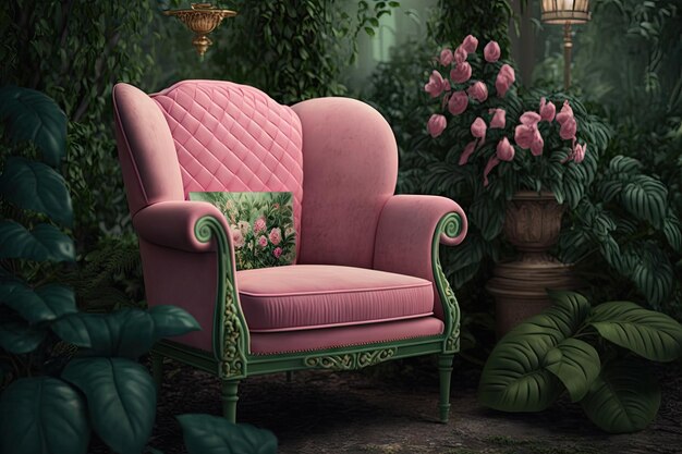 A pink armchair surrounded by a lush green garden created with generative ai