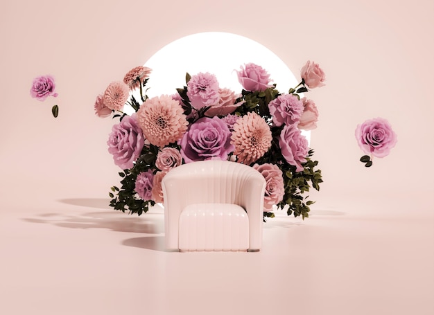 Pink armchair with colorful flowers on pastel background Advertisement idea Creative composition