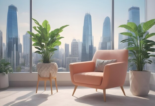 Pink armchair with a cushion next to a potted plant on a stand with a large window