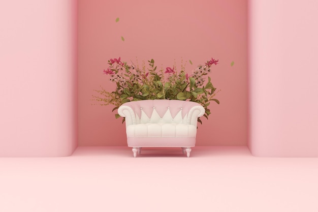 Pink armchair with falling colorful flowers on pastel pink
background. advertisement idea. creative