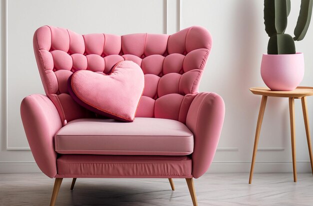 pink armchair with heart shaped pillow Living room interior details and design copy space