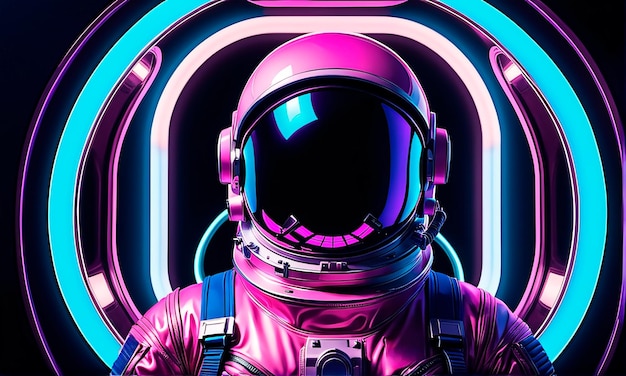 Pink astronaut in spaceship with neon lights