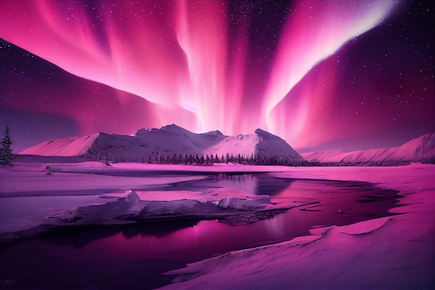 Pink aurora borealis morthern lights over ice and snow landscape Generative AI