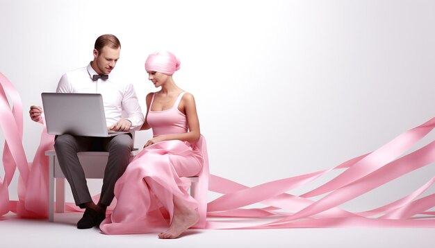 Pink awareness ribbon against patient and doctor looking at computer