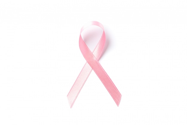 Pink awareness ribbon isolated on white