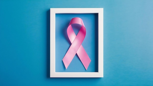 Photo pink awareness ribbon on white frame over the blue background