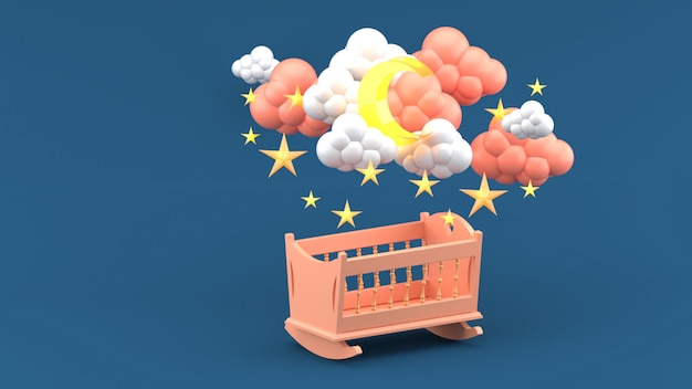 Pink baby cradle under clouds, moonnd stars on blue. 3d render