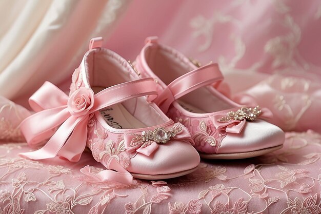 Pink baby girl shoes on the pink blanket