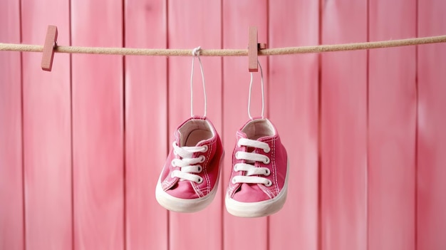 빨랫줄에 걸려 있는 분홍색 아기 신발