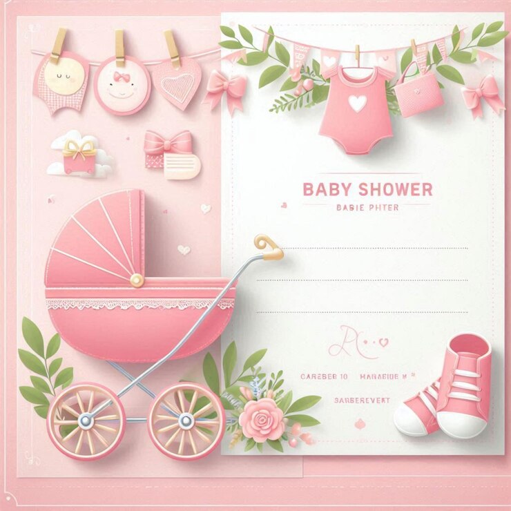 Photo a pink baby shower card with baby shower and baby clothes