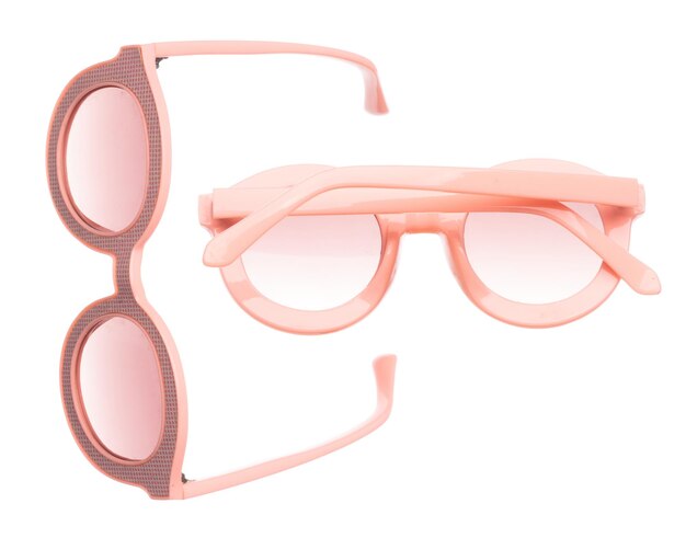 Pink baby sun Fashion Glasses fly in air showing many angle rotated Fashion trend glasses for confident work and beautiful wearing is good for shape of head White background isolated