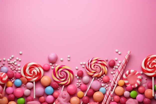 Pink backdrop adorned with sweets lollipop and candy canes variety