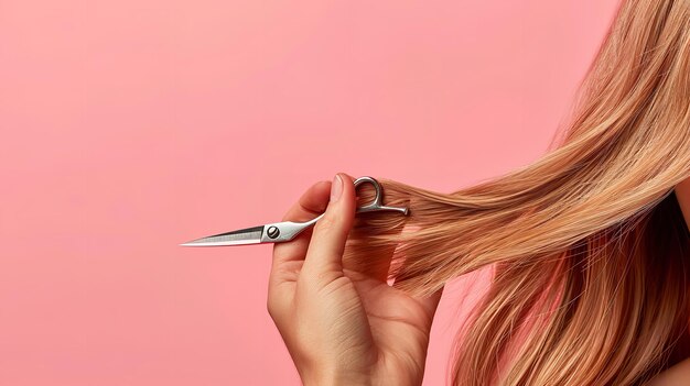 Photo over a pink backdrop a hairdressers hand is trimming a ladys hair which is brown color silky straight shiny and space generative ai