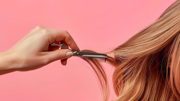 На розовом фоне парикмахерская подстригает волосы дамы, которые коричневого цвета, шелковистые, прямые, блестящие и пространственные.