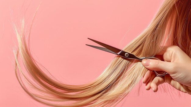 Photo over a pink backdrop a hairdressers hand is trimming a ladys hair which is brown color silky straight shiny and space generative ai