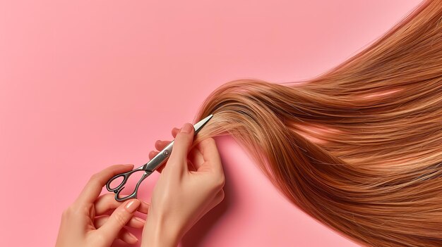 Photo over a pink backdrop a hairdressers hand is trimming a ladys hair which is brown color silky straight shiny and space generative ai