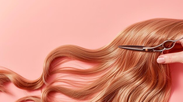 Over a pink backdrop a hairdressers hand is trimming a ladys hair which is brown color silky straight shiny and space Generative AI