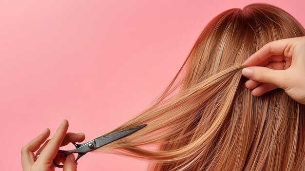 Photo over a pink backdrop a hairdressers hand is trimming a ladys hair which is brown color silky straight shiny and space generative ai