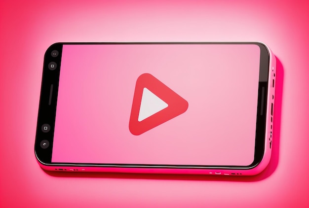 On a pink backdrop a smartphone or mobile phone with the YouTube emblem shown