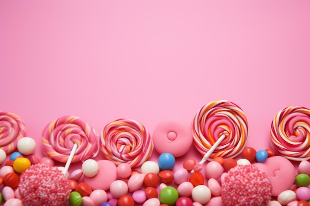 Pink background adorned with sweet lollipop and candy tempting treats