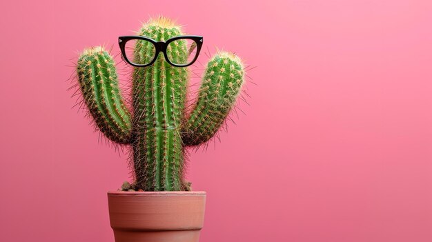 Photo on a pink background a cactus wearing pink sunglasses with a big copy space for text generative ai