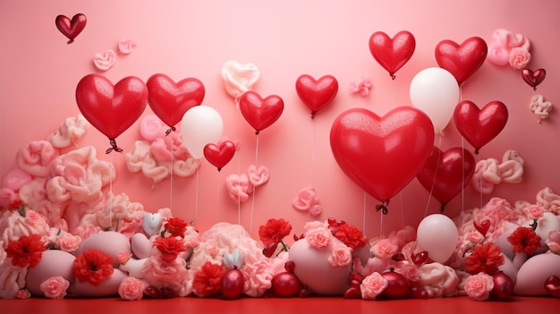 pink background decorated with heart balloons and flowers