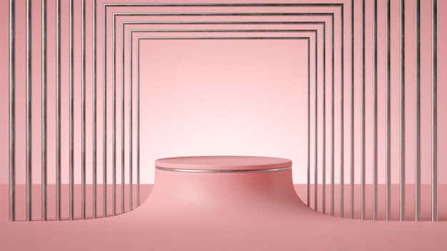 pink background empty cylinder podium stage with square silver art frame