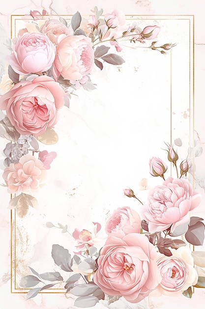 A pink background frame with a white frame and pink flowers The flowers are roses and there are also some daisies