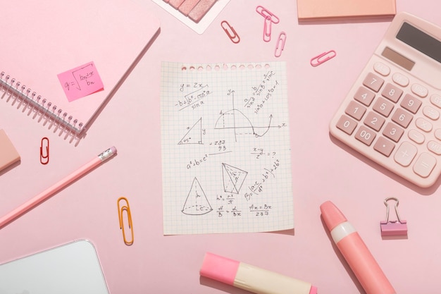 Photo on a pink background pink school supplies a calculator cheat sheets