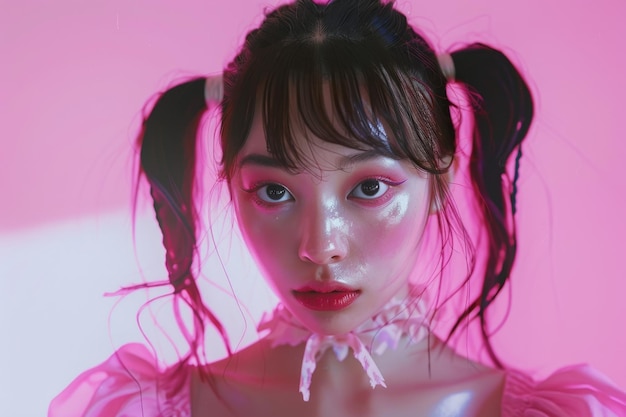 Pink background portrait of a young Asian woman with pigtails