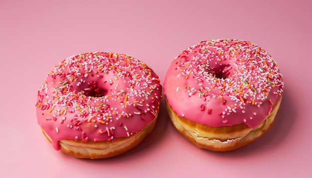 On a pink background two delicious strawberry doughnuts with sprinkles