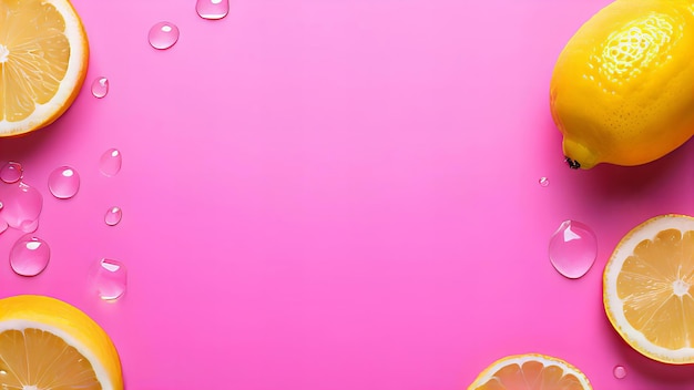 写真 レモンとレモンのスライスが付いたピンクの背景