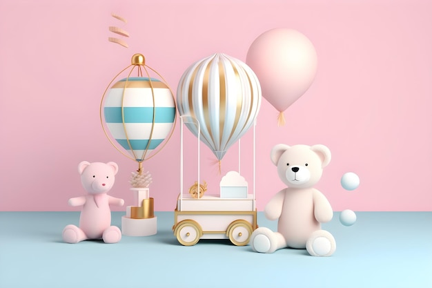 A pink background with a baby and a hot air balloon and a teddy bear.
