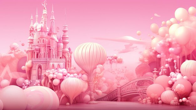 Pink Background With Balloons and Castle