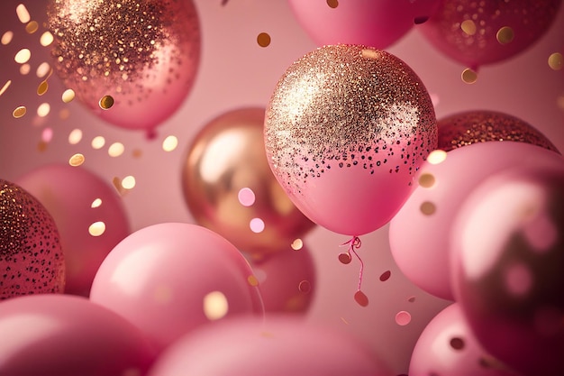 Foto sfondo rosa con palloncini, coriandoli, scintillii, luci. anniversario. addio al nubilato,