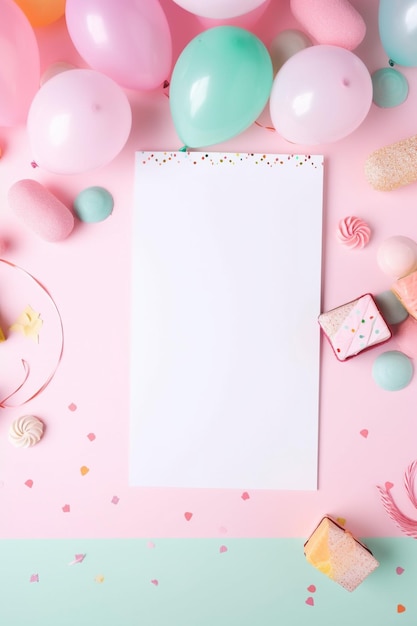 Pink background with balloons and a notepad