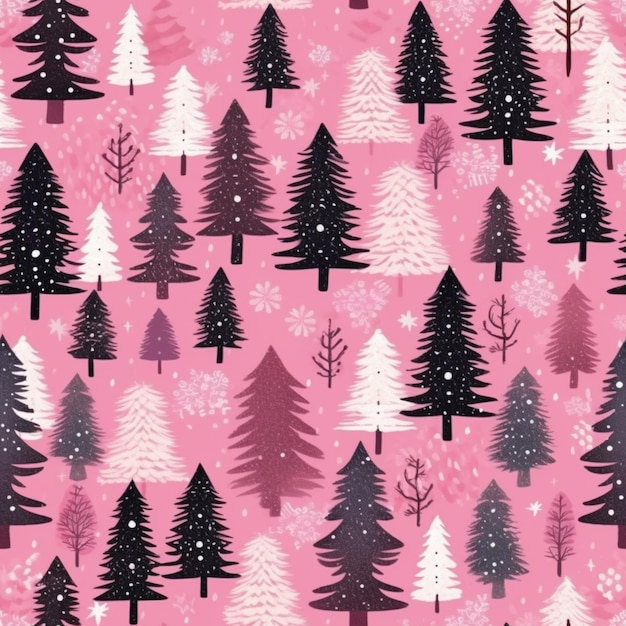 Розовый фон с черно-белыми деревьями и снежинками, генеративный AI