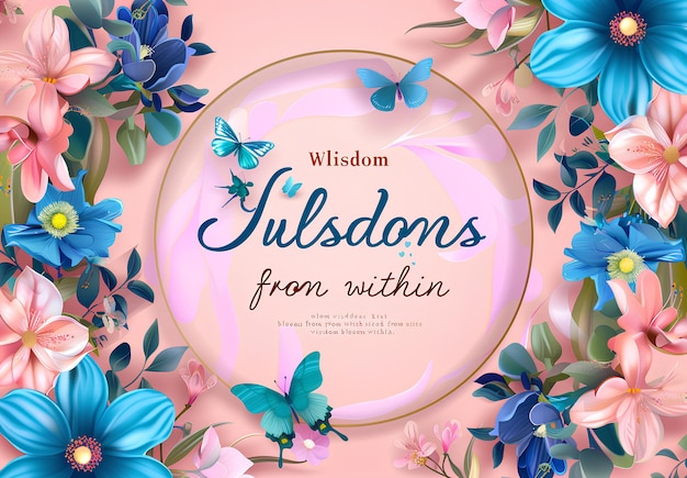 a pink background with blue and pink flowers and butterflies
