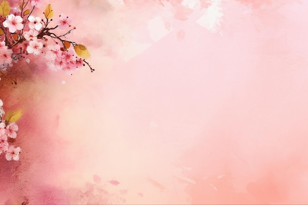 Pink background with a branch of cherry blossoms and the word spring on it