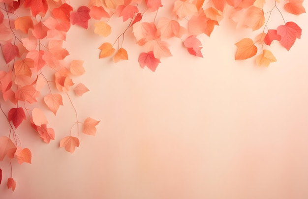 a pink background with a bunch of autumn leaves hanging from the ceiling