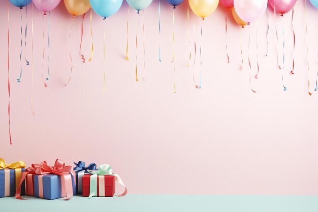 A pink background with a bunch of colorful balloons