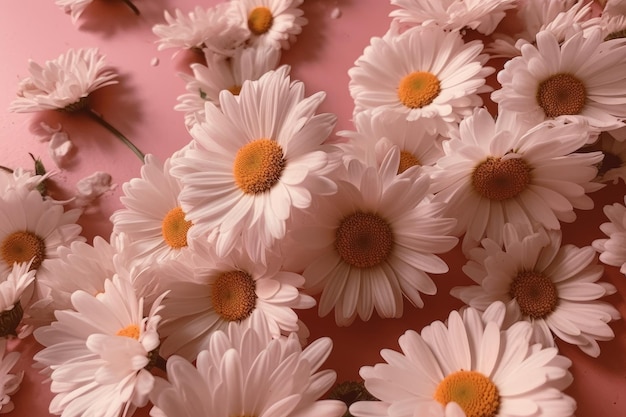 A pink background with a bunch of daisies