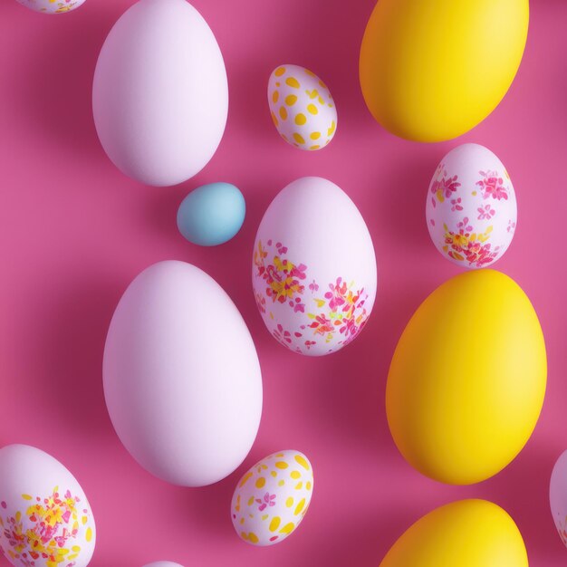 A pink background with a bunch of easter eggs on it and a yellow one with a blue flower on it.