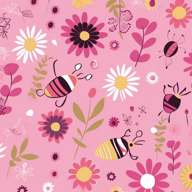 A pink background with a bunch of flowers and a bee on it.