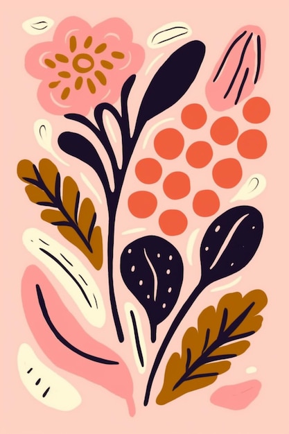 a pink background with a bunch of flowers and leaves generative ai