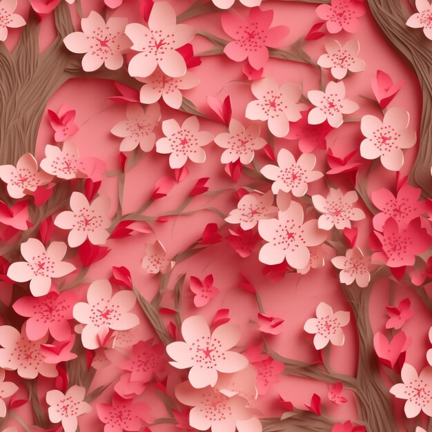 A pink background with a bunch of flowers and a tree with the word cherry on it